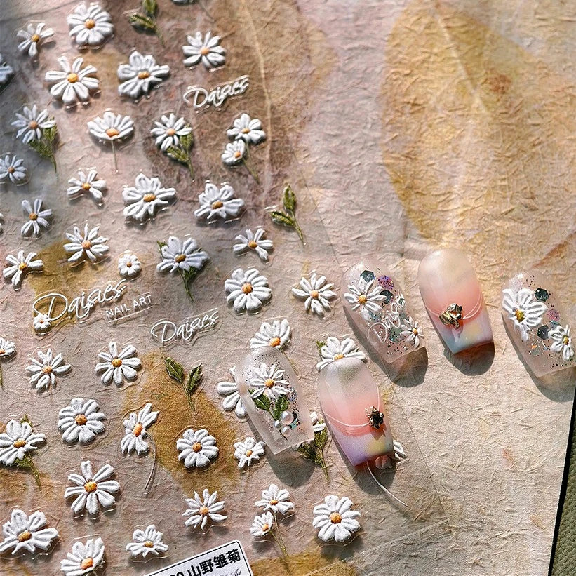 Mountain Daisy Wild Flower Mini Green Leaves White Petal Romantic Embossed Reliefs Adhesive Nail Art Stickers Manicure Decals (ONLINE ORDER ONLY)