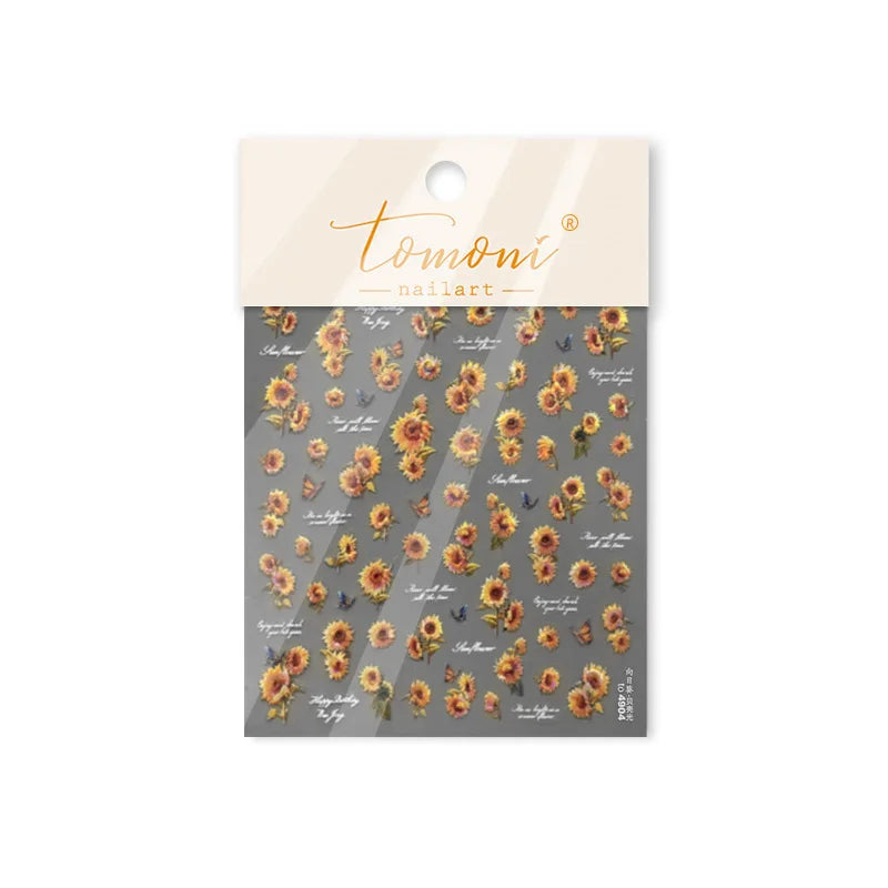 Embossed Shiny Vigor Sunflower Turnsole Vitality Butterfly Daisy Oil Painting Plant 5D Adhesive Nail Art Sticker Manicure Decals (ONLINE ORDER ONLY)