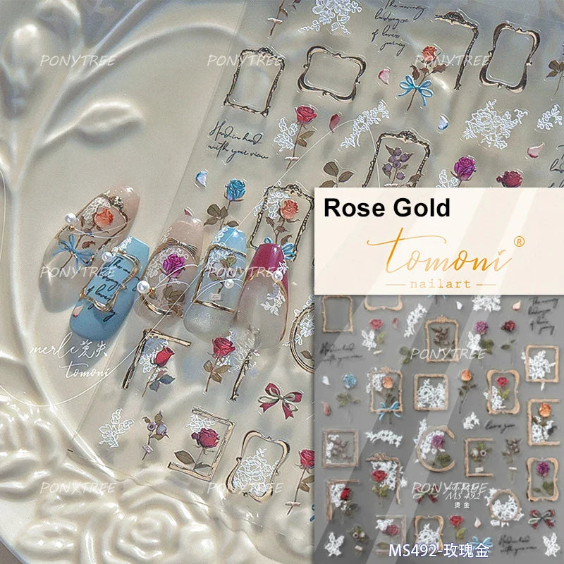 Watercolor Style Rose Flower Colored Rosa Chinensis 3D 5D Flat Reliefs Charming Self Adhesive Nail Art Stickers Manicure Decals (ONLINE ORDER ONLY)