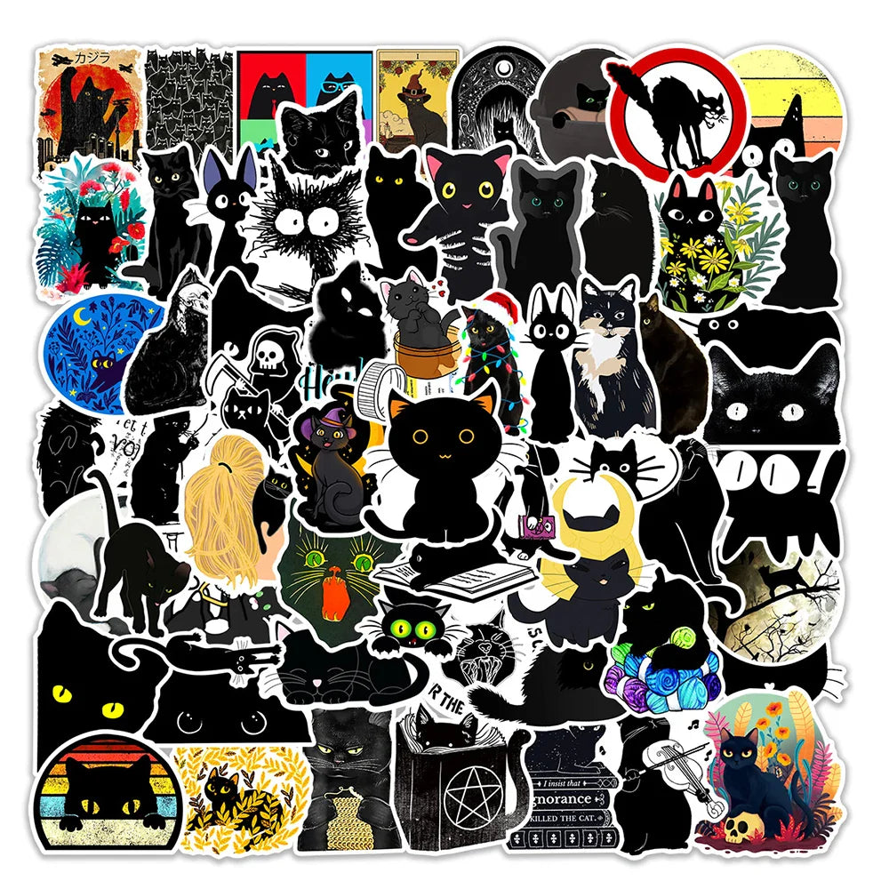 10/30/50/100PCS Cartoon Black Cat Stickers Scrapbook Phone Guitar Laptop Luggage PVC Waterproof Car Sticker Children Classic Toy (ONLINE ORDER ONLY)