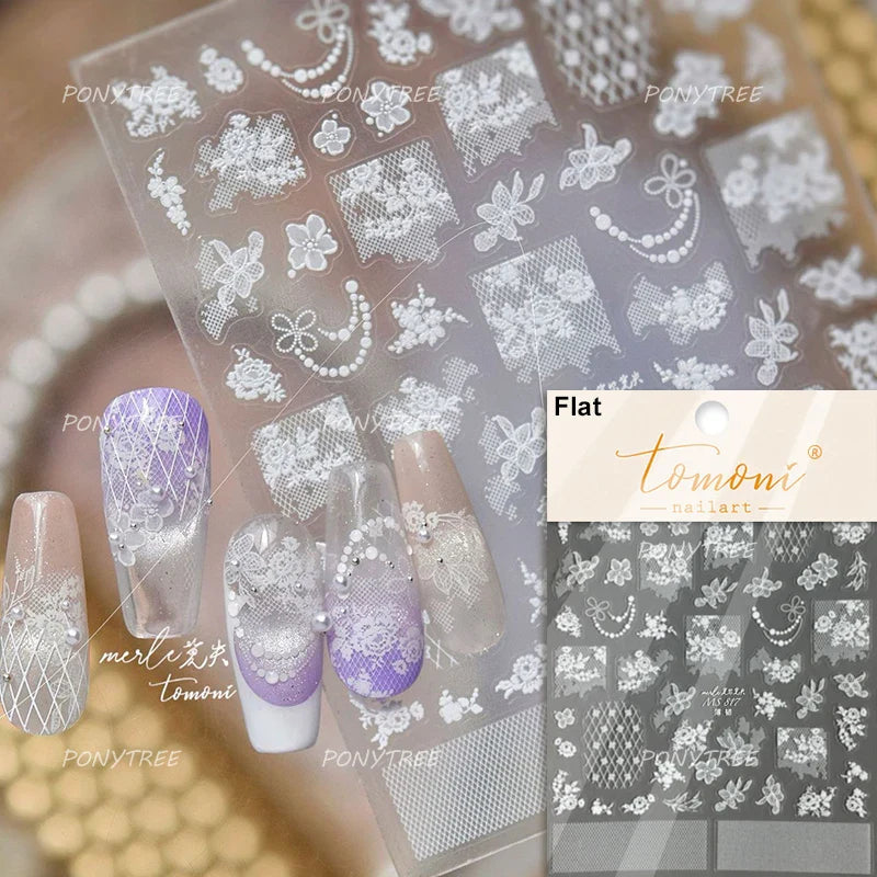 Dreamy Lace Rose Flower Fabric Art Tender Gauze Gird Pearl Pendant Irregular Pattern Nail Art Stickers Decoration Manicure Decal (ONLINE ORDER ONLY)