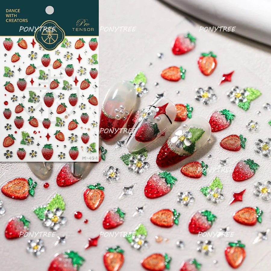 Strawberry Retro Lace Border  Flower Lovely Fruit Pearl Pendant Leaves Self Adhesive Nail Art Stickers Manicure Decal Wholesale (Online Order Only)