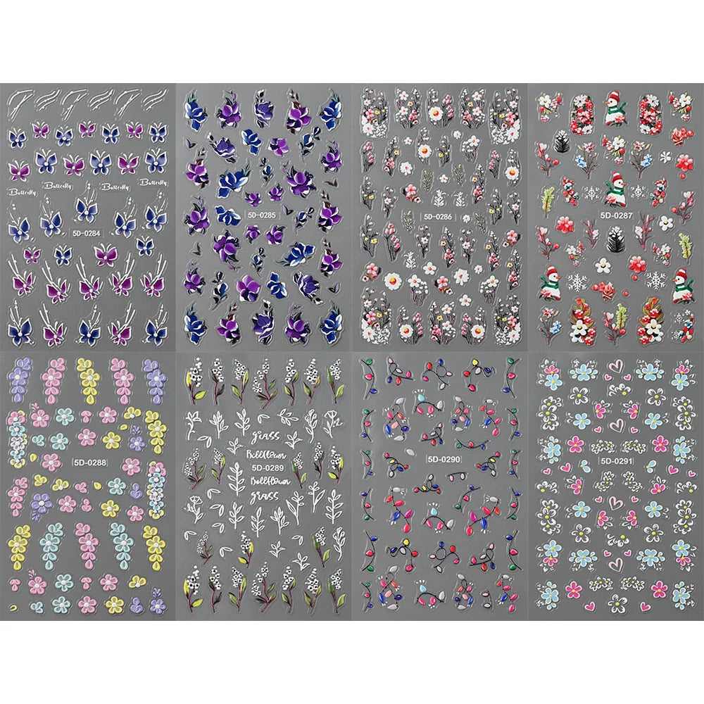 Painting Purple Flower Nail Sticker Daisy Wildflowers Butterfly Gradient Design Decal Geometry Line Charm Foils Manicure Sliders (ONLINE ORDER ONLY)