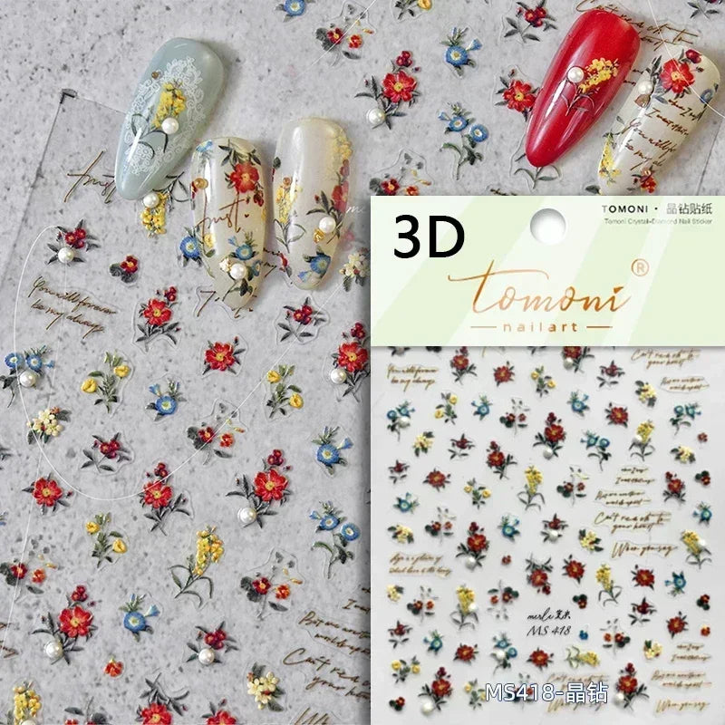 Gradient Halo Dyeing Dark Red Rose Flower Rhinestone Lace Bow Heart 3D Self Adhesive Nail Art Decoration Sticker Manicure Decals (ONLINE ORDER ONLY)