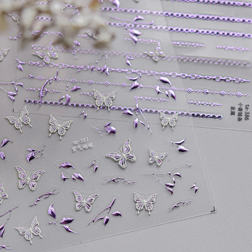 Hot Stamping Purple Line Love Heart Lace Bowknot Chain Branches Star Flower Leaf Butterfly Plant Flower Nail Art Stickers Decals (Online Order Only)
