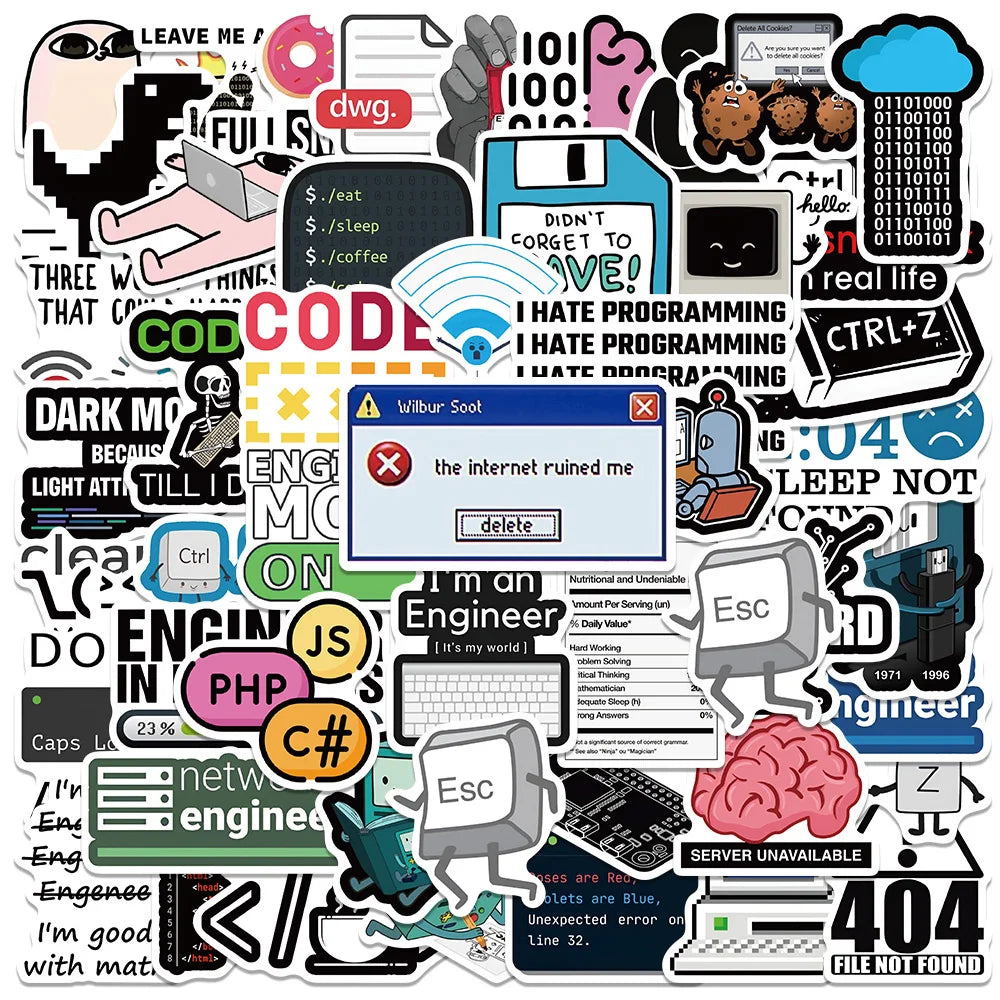 50PCS Cool Engineer Programming Network Coding Hacker MEME Stickers Vinyl DIY Computer Laptop Motorcycle Helmet Car Sticker (Online Order Only)