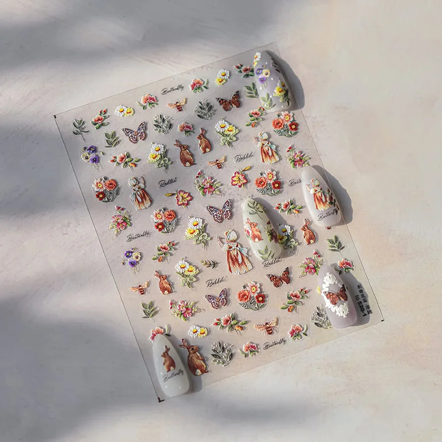 Autumn Fall Maple Leaves Ginkgo Leaf Osmanthus Chrysanthemums Rabbit Bunny Plant Flower Relief Nail Art Sticker Decoration Decal (ONLINE ORDER ONLY)