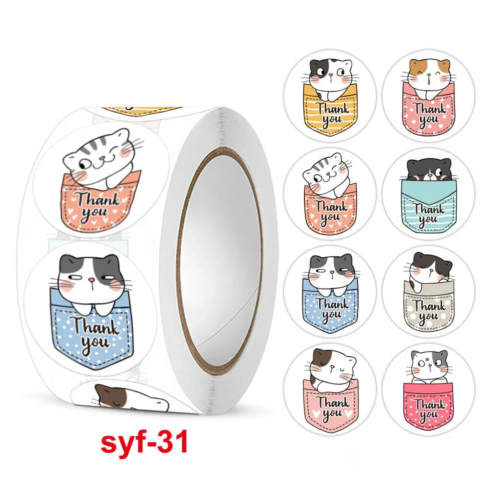 100-500Pcs 3cm Korean Cute  Animal Thank You Stickers Roll for Envelope Student Kid Label Kawaii Stationery Sticker Seal Lable (Online Order Only)
