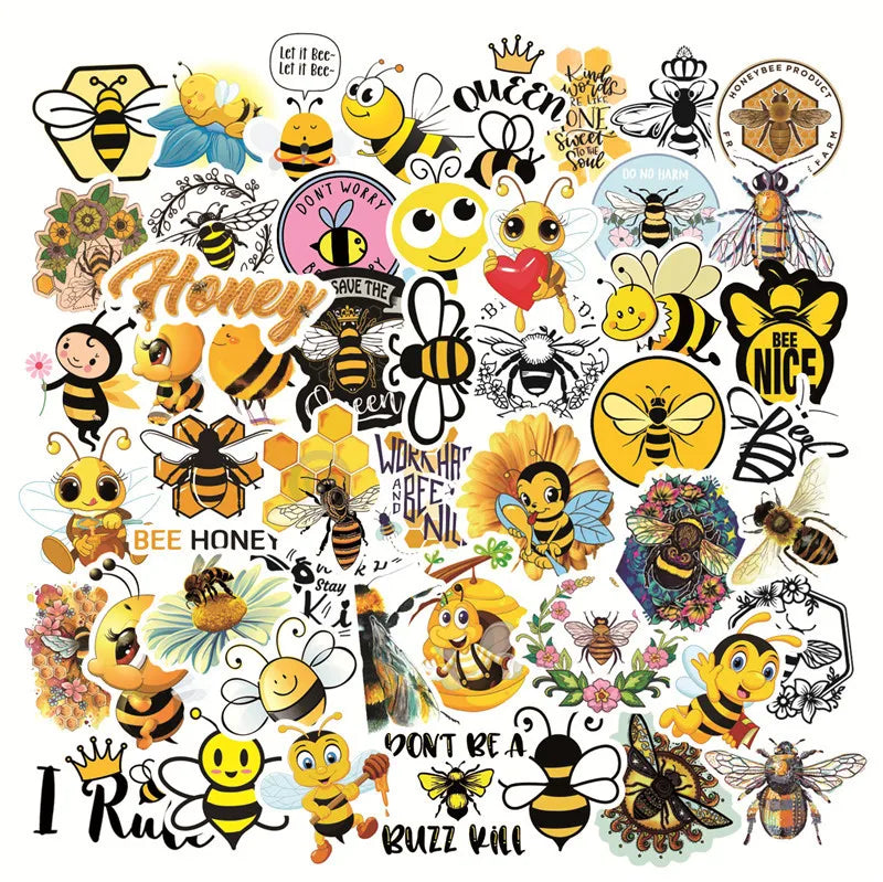 50pcs Cartoon Bee Stickers for Helmet, Wall, DIY Decoration with Storage Box (Online Order Only)
