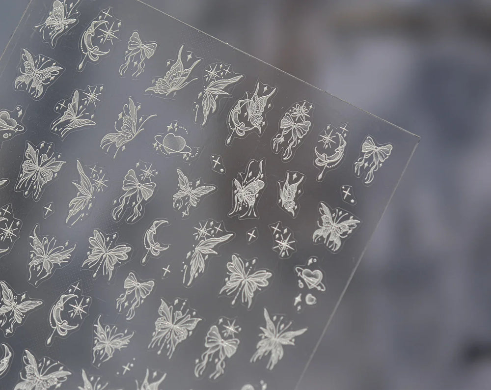 Dreamy Moon Stars Love Heart Butterfly Bowknot Lace Shiny Starburst Ribbon Delicate Adhesive Nail Art Stickers Manicure Decals (Online Order Only)