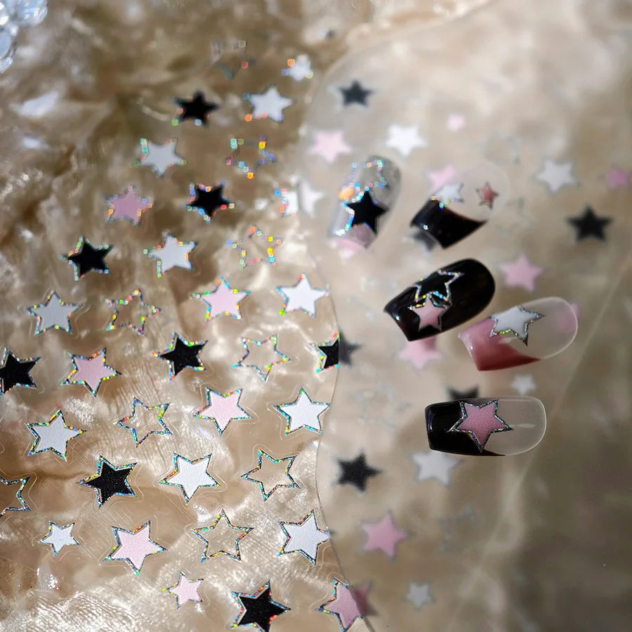Punk Star Shiny Laser Five-pointed Star White Black Pink Hollow Out Delicate Sparkle Adhesive Nail Art Stickers Manicure Decals (ONLINE ORDER ONLY)