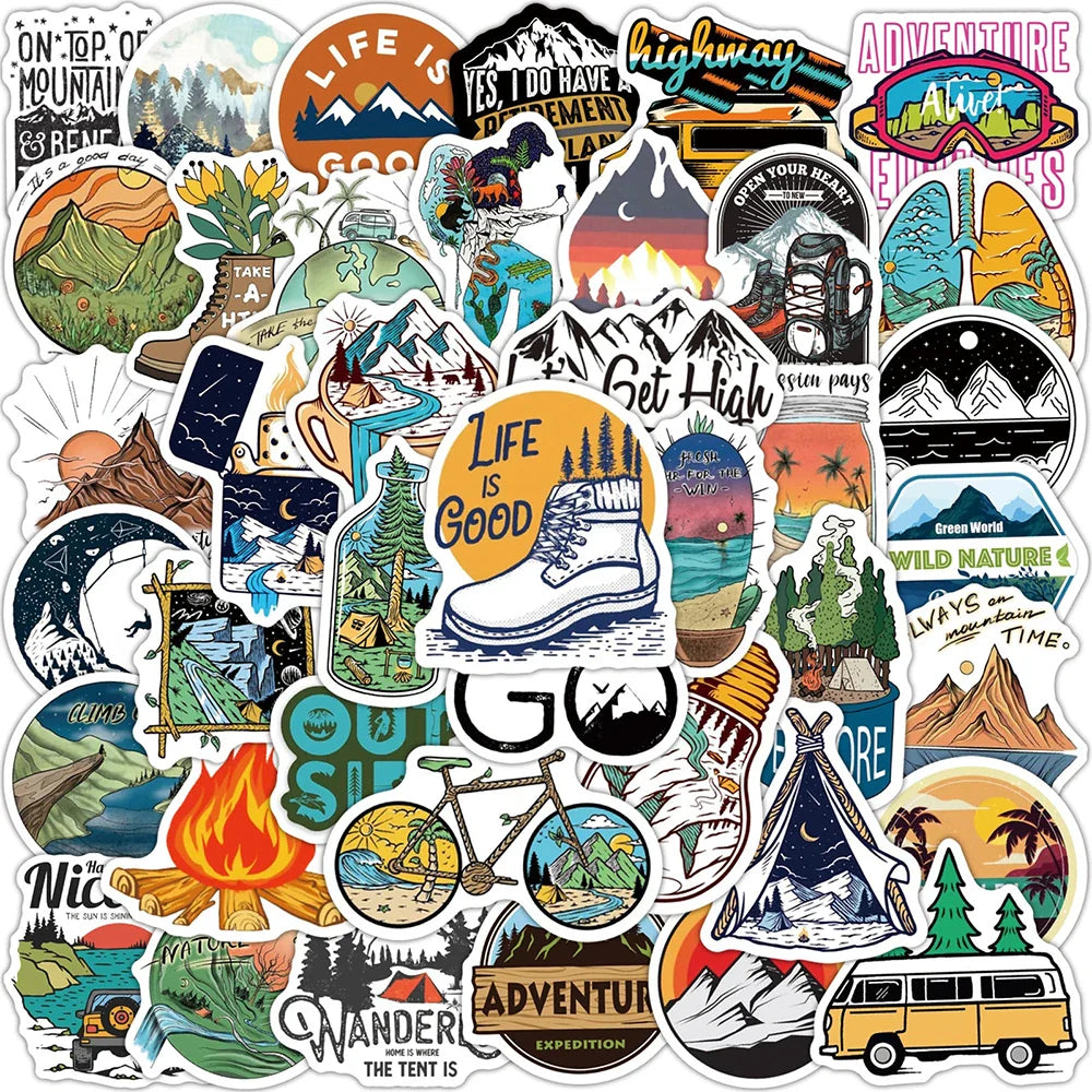 10/30/50PCS Forest Hiking Camping Stickers Outdoor Explore Mountain Climbing DIY Travel Suitcase Laptop Helmet Bike Sticker Toys (ONLINE ORDER ONLY)