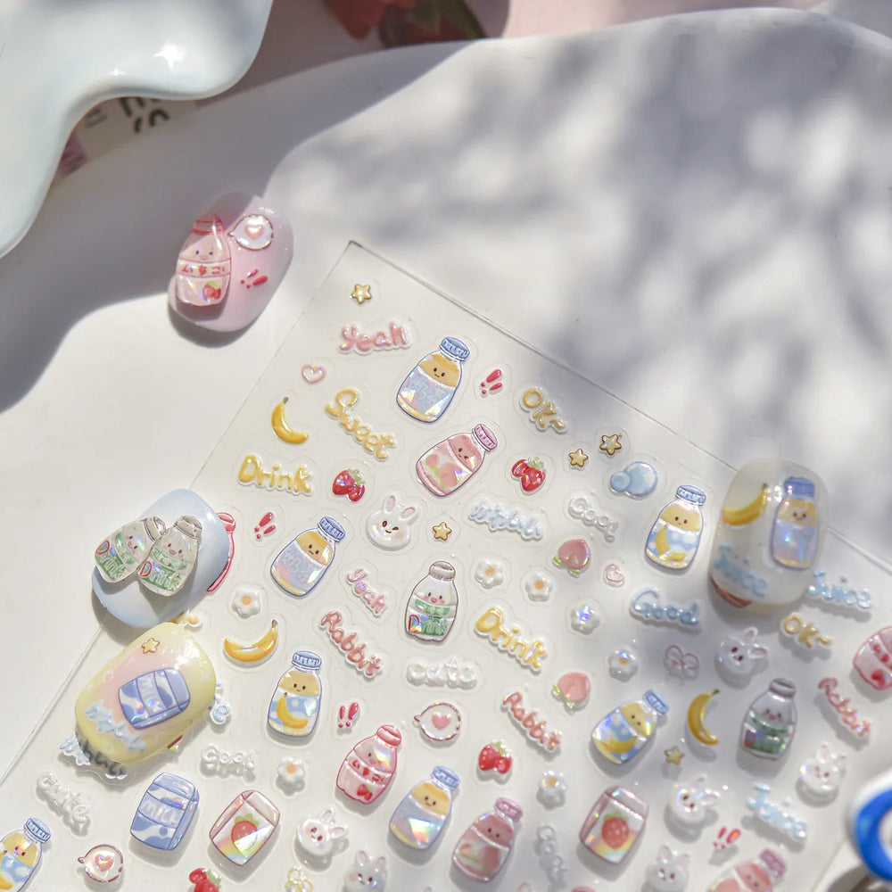 Cute Bowknot Rabbit Fruit Juice Beverage Drink Strawberry Peach Banana Adhesive Nail Art Decoration Stickers Manicure Decals (ONLINE ORDER ONLY)