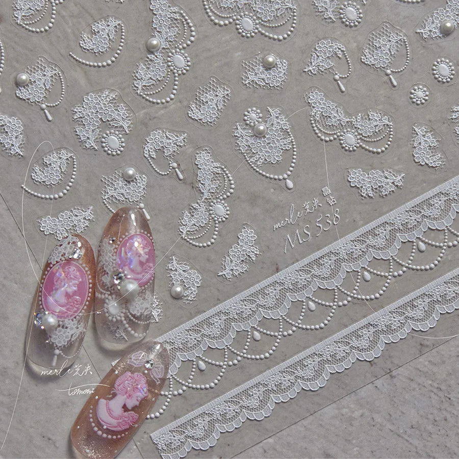 French Romantic Lace Flower Fabric Art Pearl Pendant Portrait Bowknot Textile Printing Delicate Nail Art Stickers Manicure Decal (ONLINE ORDER ONLY)
