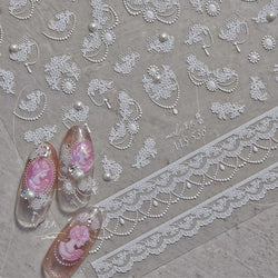 French Romantic Lace Flower Fabric Art Pearl Pendant Portrait Bowknot Textile Printing Delicate Nail Art Stickers Manicure Decal (ONLINE ORDER ONLY)