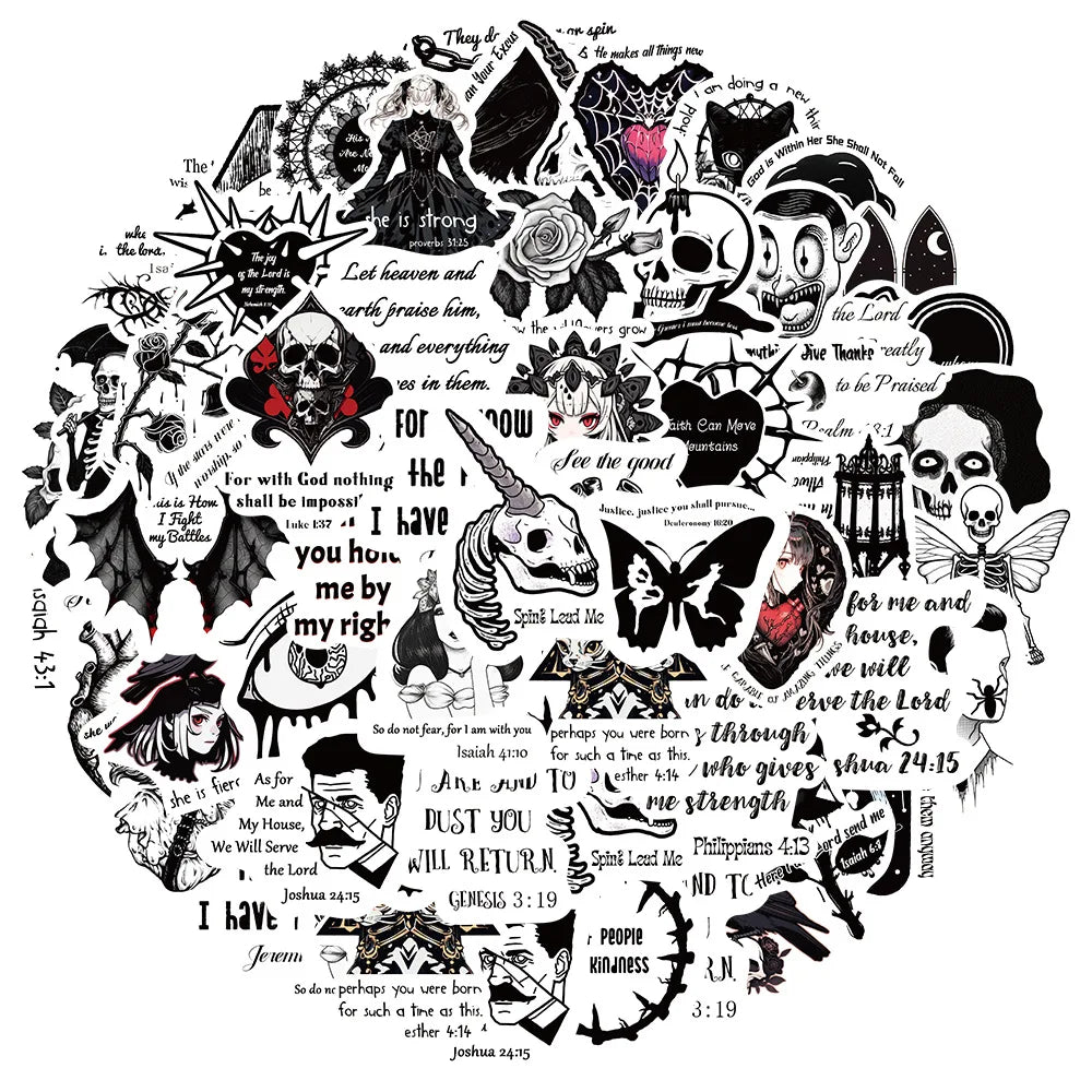 10/30/50PCS Horror Black White Bible Phrase Stickers Funny Jesus Decals Decoration Waterproof Laptop Stationery Bike DIY Toys (ONLINE ORDER ONLY)
