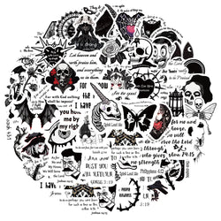 10/30/50PCS Horror Black White Bible Phrase Stickers Funny Jesus Decals Decoration Waterproof Laptop Stationery Bike DIY Toys (ONLINE ORDER ONLY)