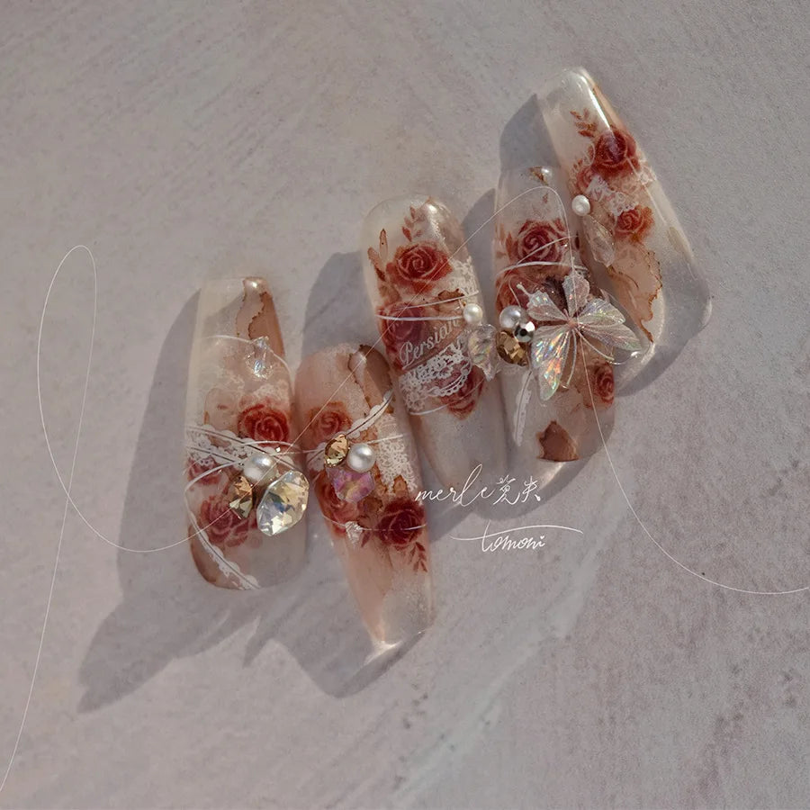 Gradient Halo Dyeing Dark Red Rose Flower Rhinestone Lace Bow Heart 3D Self Adhesive Nail Art Decoration Sticker Manicure Decals (ONLINE ORDER ONLY)