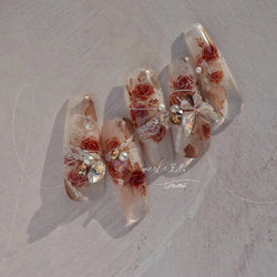 Gradient Halo Dyeing Dark Red Rose Flower Rhinestone Lace Bow Heart 3D Self Adhesive Nail Art Decoration Sticker Manicure Decals (ONLINE ORDER ONLY)
