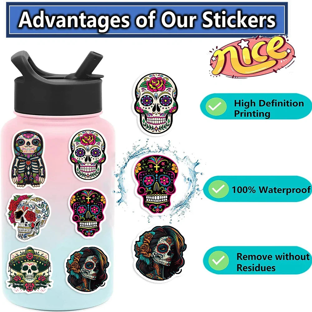 50pcs Mexican Day of the Dead Graffiti Sticker Skateboard Suitcase Guitar Kettle Deco Laptop Waterproof Phone Case Stickers (Online Order Only)