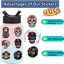 50pcs Mexican Day of the Dead Graffiti Sticker Skateboard Suitcase Guitar Kettle Deco Laptop Waterproof Phone Case Stickers (Online Order Only)