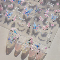 Oil Painting Style Rose Flowers Butterfly Wreath Floral Garland 5D Soft Relief Adhesive Nail Art Sticker Cute 3D Manicure Decals (ONLINE ORDER ONLY)