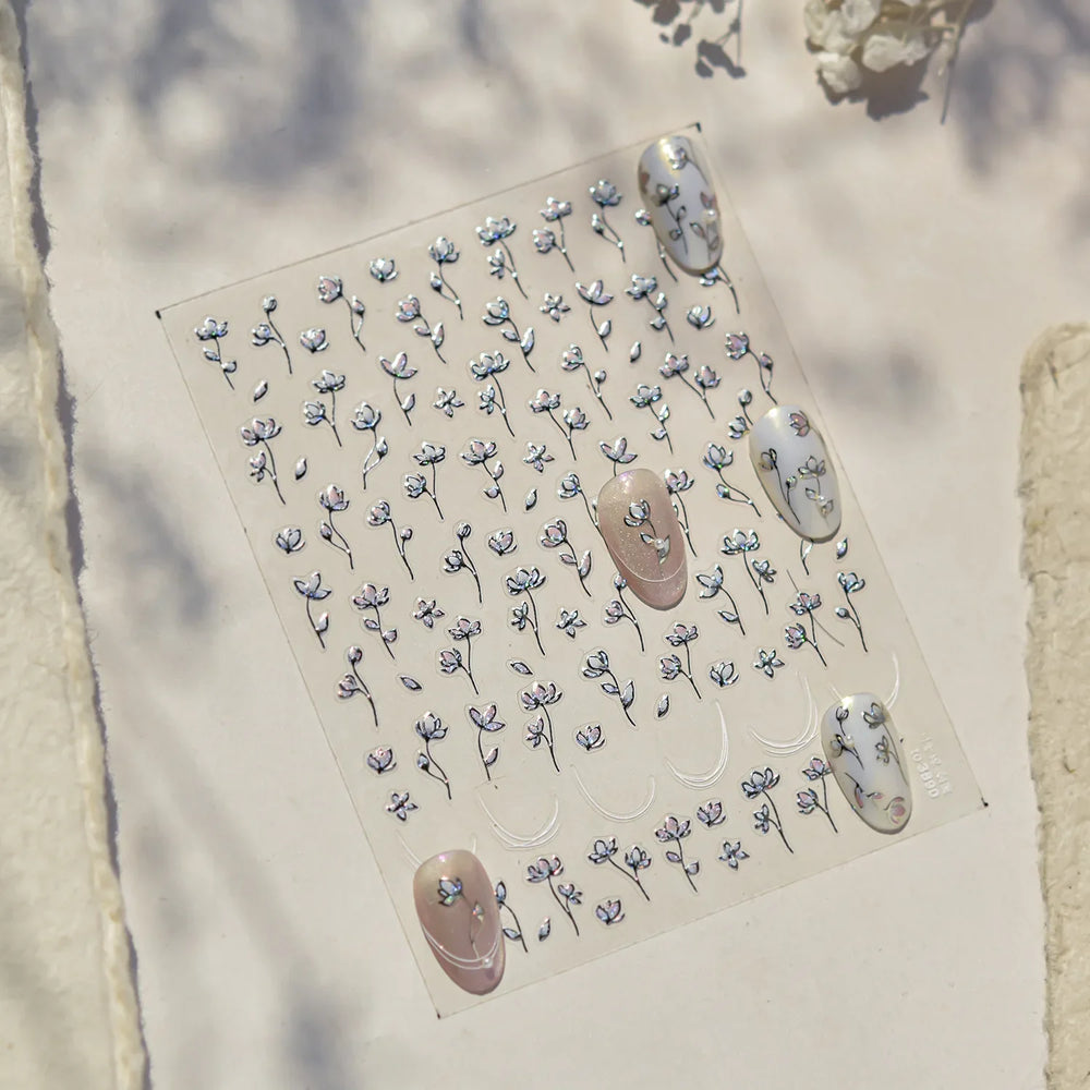 Mini Three Leaf Flower Magnolia Lotus Flower Stem Gradual Petal Line Arc Metal Sillver Delicate Nail Art Stickers Manicure Decal (Online Order Only)
