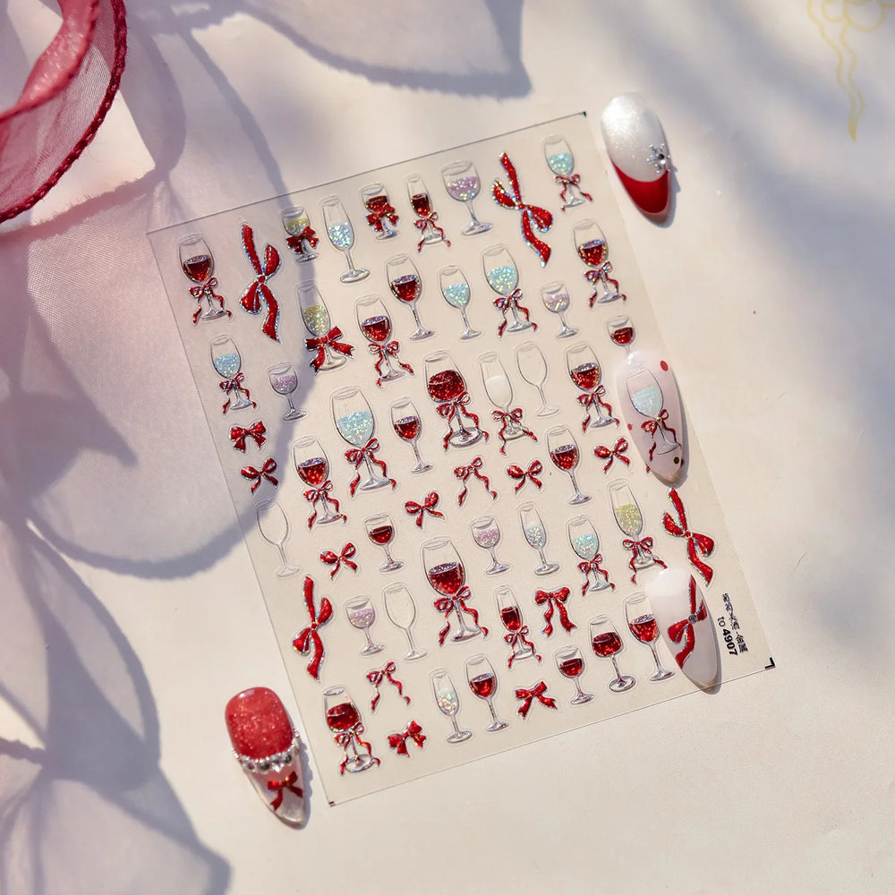 Sexy Red Grape Wine Bowknot Cocktail Goblet Cup Soda Liquid Shiny Sparkling Self Adhesive Nail Art Stickers 3D Manicure Decals (ONLINE ORDER ONLY)