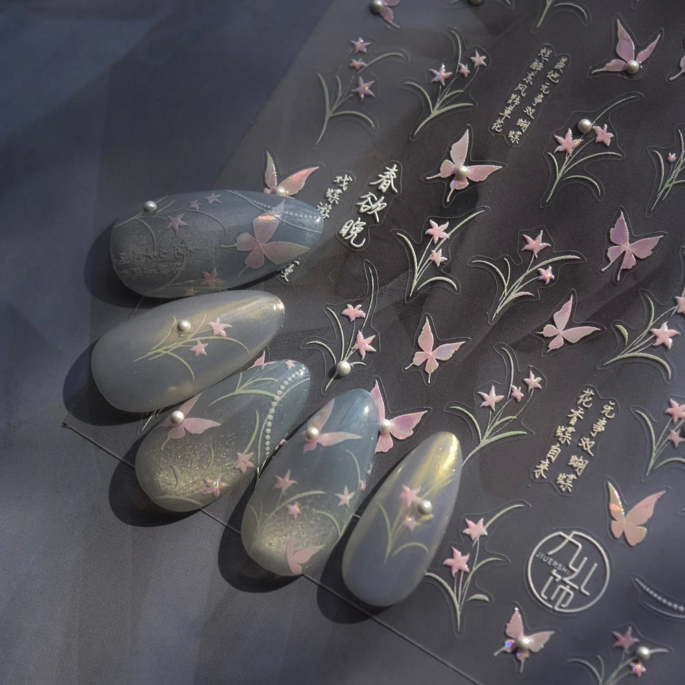 Vigorous Pink Orchid Cymbidium Antique Fragrant Thoroughwort Grass Butterfly Adhesive Nail Art Sticker Plant 3D Manicure Decals (ONLINE ORDER ONLY)