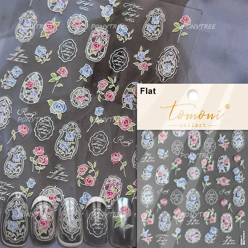 Chic Romantic Red White Flower Hot Stamping 5D Self Adhesive Nail Art Stickers Shiny Dreamy Camellia Rhinestone Manicure Decals (ONLINE ORDER ONLY)