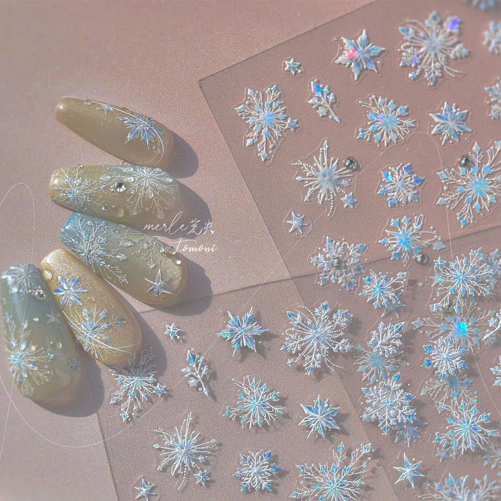 Flying Snowflakes Cold Winter Geometric Hexagon Star Romantic Adhesive Nail Art Stickers Embossment Rhinestone Manicure Decals (ONLINE ORDER ONLY)