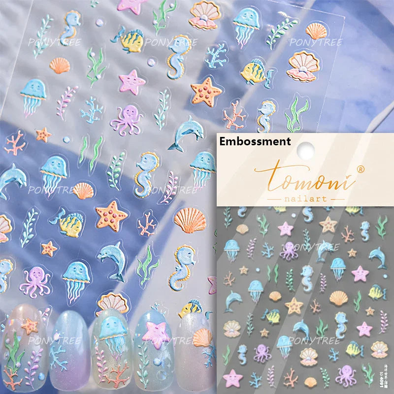 Infauna Jellyfish Conch Shell Starfish Octopus Coral Polypite Wishing Bottle Sea Self Adhesive Nail Art Stickers Manicure Decals (ONLINE ORDER ONLY)