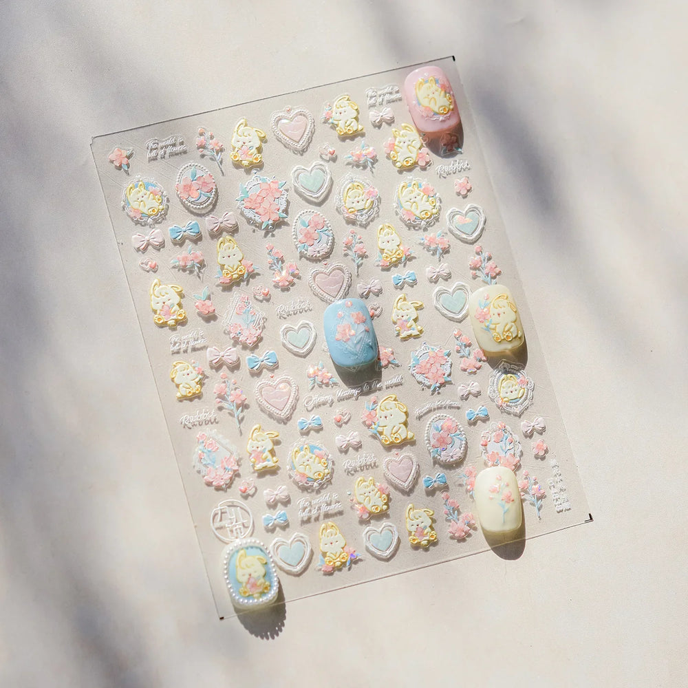 Peach Blossom Flower Yellow Rabbit Bunny Love Heart Delicate Totem 5D Self Adhesive Nail Art Stickers Rhinestone Manicure Decals (ONLINE ORDER ONLY)