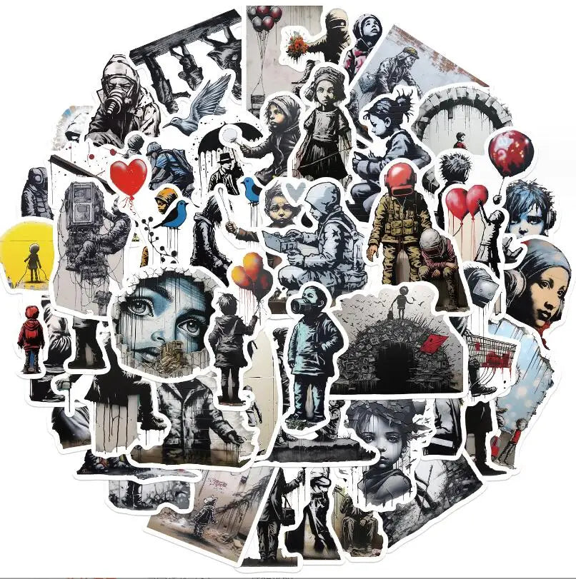 Banksy Art Stickers 10/30/50Pcs for Suitcase, Skateboard, Laptop, Luggage, Phone, Car, DIY Decal (ONLINE ORDER ONLY)