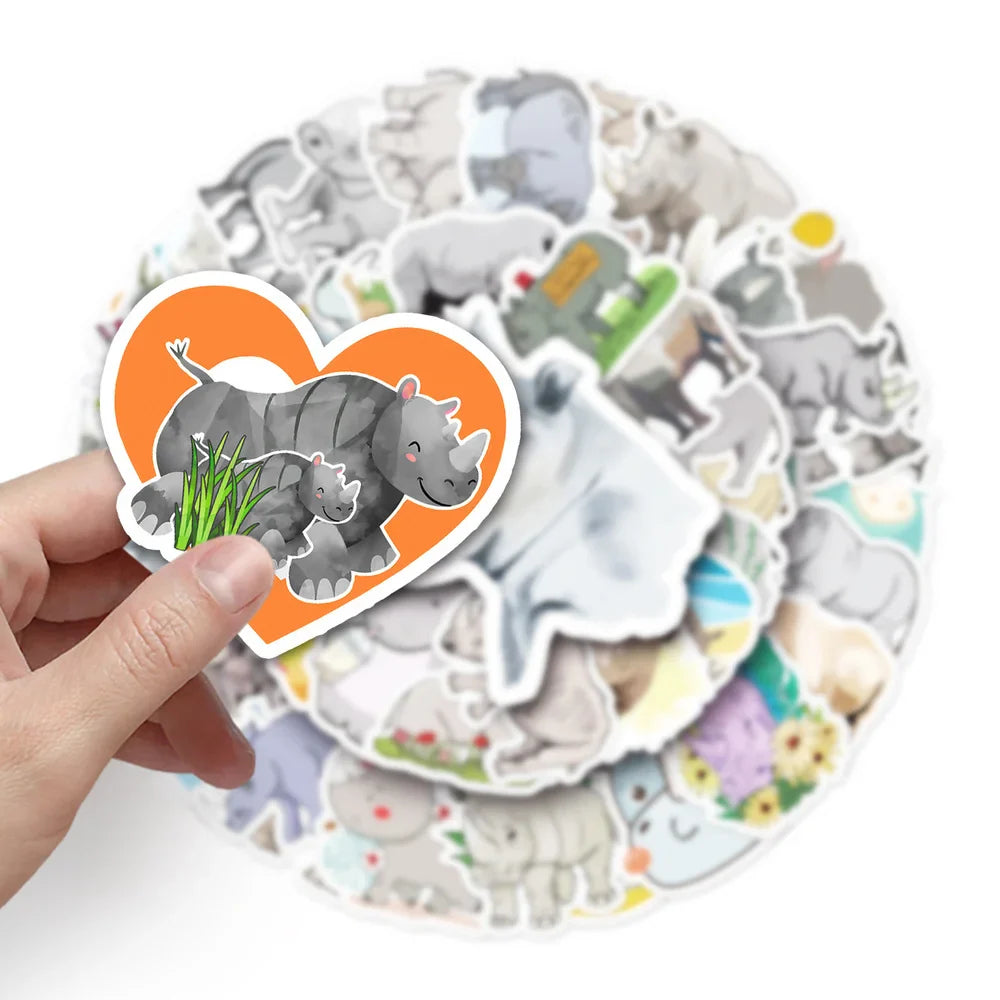 10/50pcs/Pack Lovely Rhino Cartoon Animal Stickers Waterproof Skateboard Motorcycle Guitar Luggage Laptop Bicycle Sticker Toys (ONLINE ORDER ONLY)