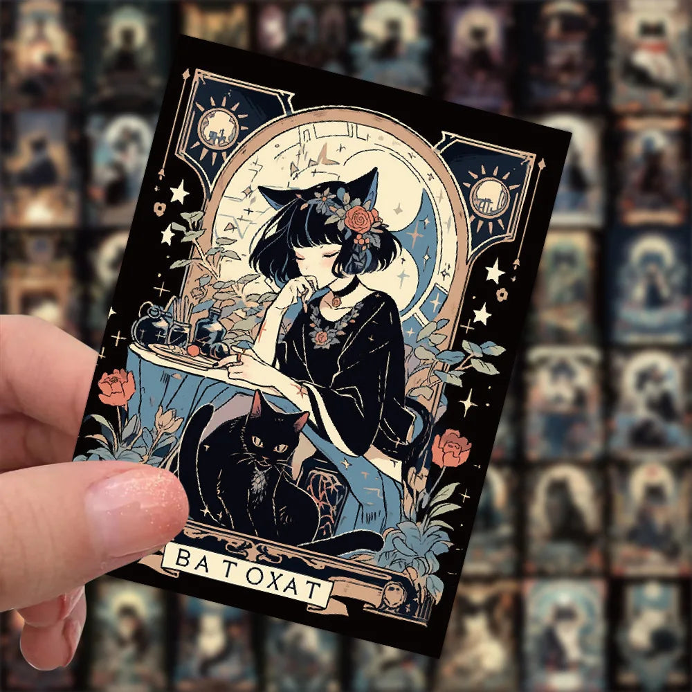 10/60pcs Dark Gothic Black Cat Stickers Cool Halloween Tarot Cat Goth Decals Toy DIY Scrapbook Bottle Phone Luggage Car Sticker (ONLINE ORDER ONLY)