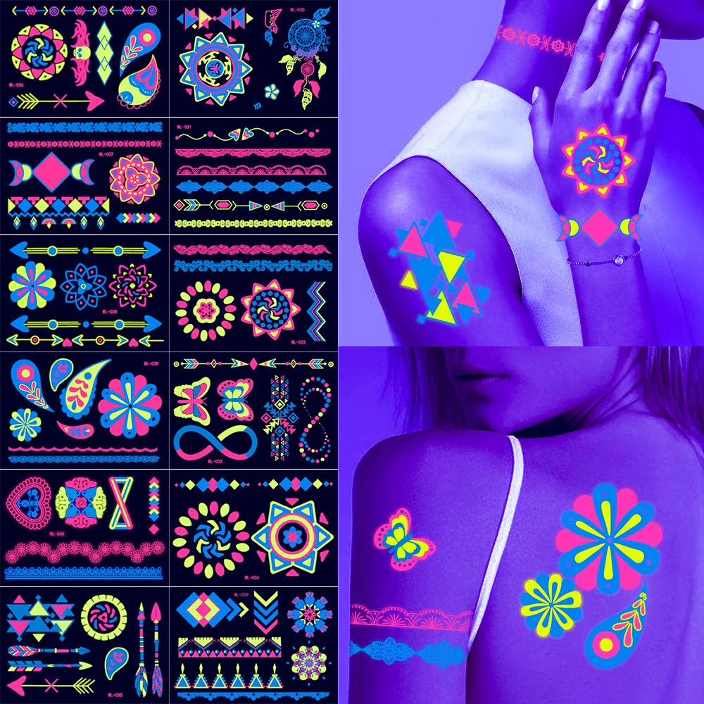 1pc Bohemia Fluorescent Sticker Luminous Temporary Tattoos Stickers UV Glow Fluorescent Tattoo Waterproof For Body Art Decals *& (Online Order Only)