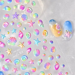 Fantasy Beach Summer Dreamy Colorful Seasnail Shell Pearl Conch Jelly Star 5D Decals Soft Relief 3D Decoration Nail Art Stickers (Online Order Only)