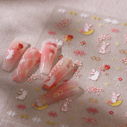 Rabbit Bunny Moon Flower Lantern Peach Blossom Star Bowknot Self Adhesive Nail Art Stickers Rhinestone Delicate Manicure Decals (ONLINE ORDER ONLY)