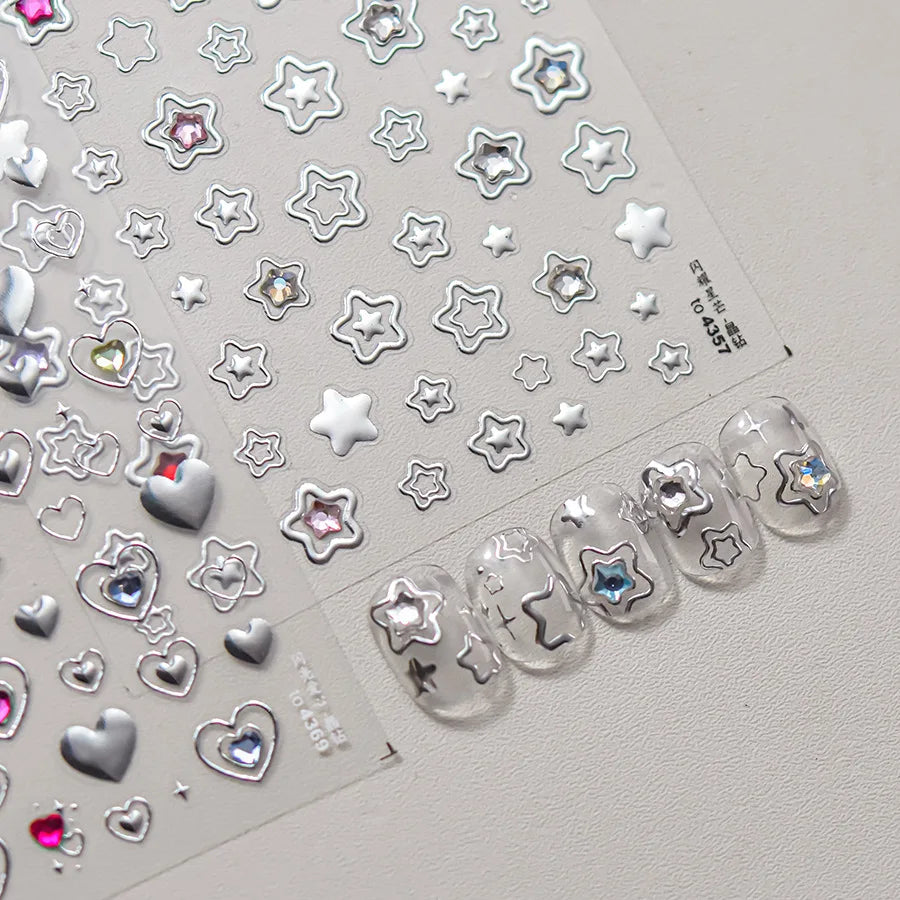 Colored Crystal Star Love Heart Shiny Silver Hollowed Smudging Rainbow Flower Jelly Embossed Nail Art Stickers Manicure Decals (ONLINE ORDER ONLY)