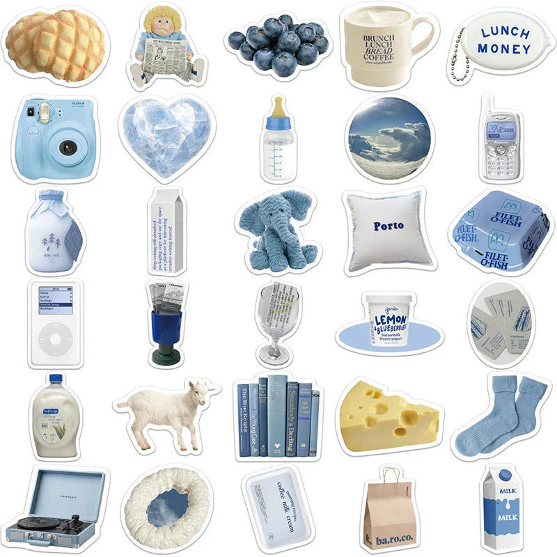 10/30/60PCS Cute Blue INS Sticker Aesthetic Sketchbook PVC Laptop Diary Decoration Scrapbooking School Stationery Supply for Kid (ONLINE ORDER ONLY)