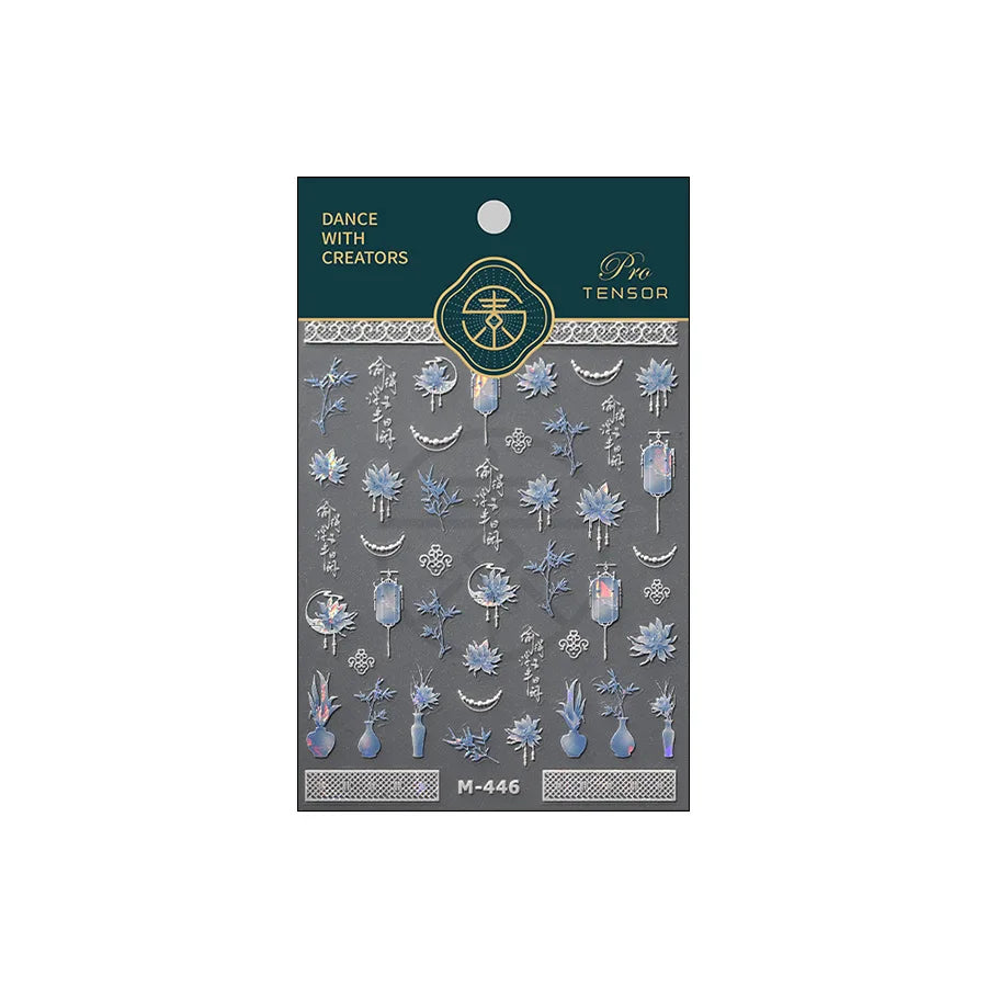 Retro Blue Lotus Flower Arrangement Vase Lantern Totem Pattern Bamboo Leaf Self Adhesive Nail Art Stickers Shiny Manicure Decals (ONLINE ORDER ONLY)