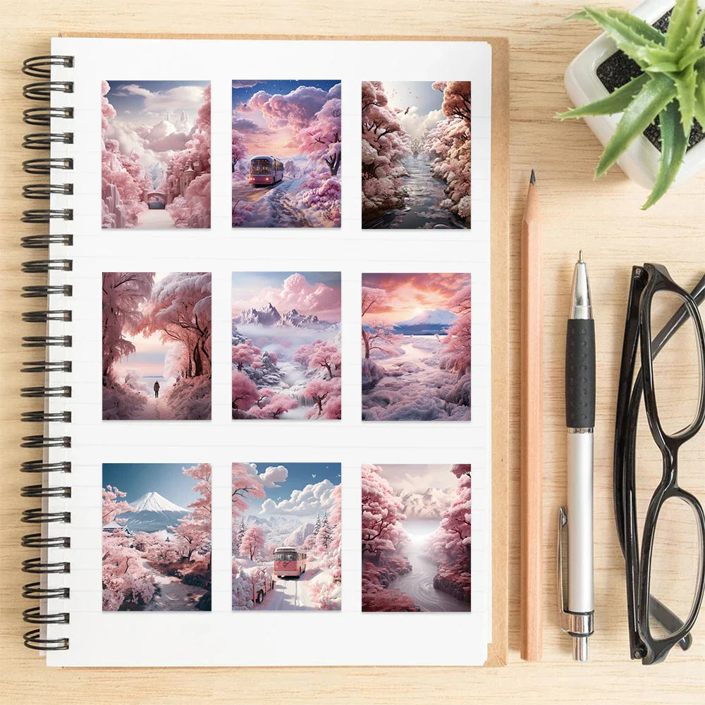 50PCS INS Landscape Pink Painting Stickers Vsco Vinyl Aesthetic Stickers for Water Bottles Waterproof Sticker for Kids Girl (Online Order Only)