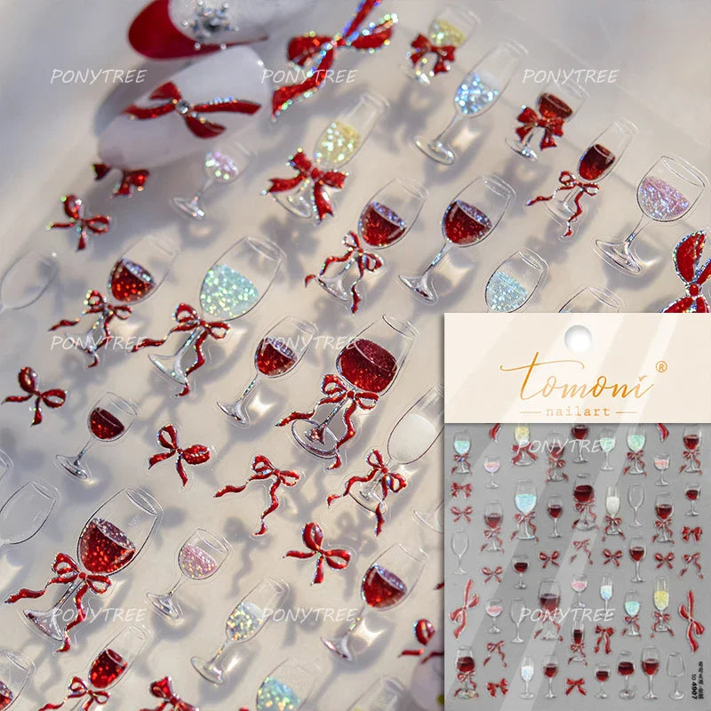 Sexy Red Grape Wine Bowknot Cocktail Goblet Cup Soda Liquid Shiny Sparkling Self Adhesive Nail Art Stickers 3D Manicure Decals (ONLINE ORDER ONLY)