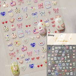 Cute Lucky Bear Apple Core Star Bowknot Flower Delicious Cookies Cherry Cake Dessert Milk Vase Adhesive Nail Art Stickers Decals (ONLINE ORDER ONLY)