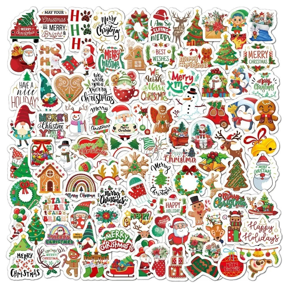50/100Pcs Cartoon Santa Claus Christmas Tree Graffiti Stickers Skateboard Water Bottle Suitcase Stickers Waterproof Classic Toy (ONLINE ORDER ONLY)