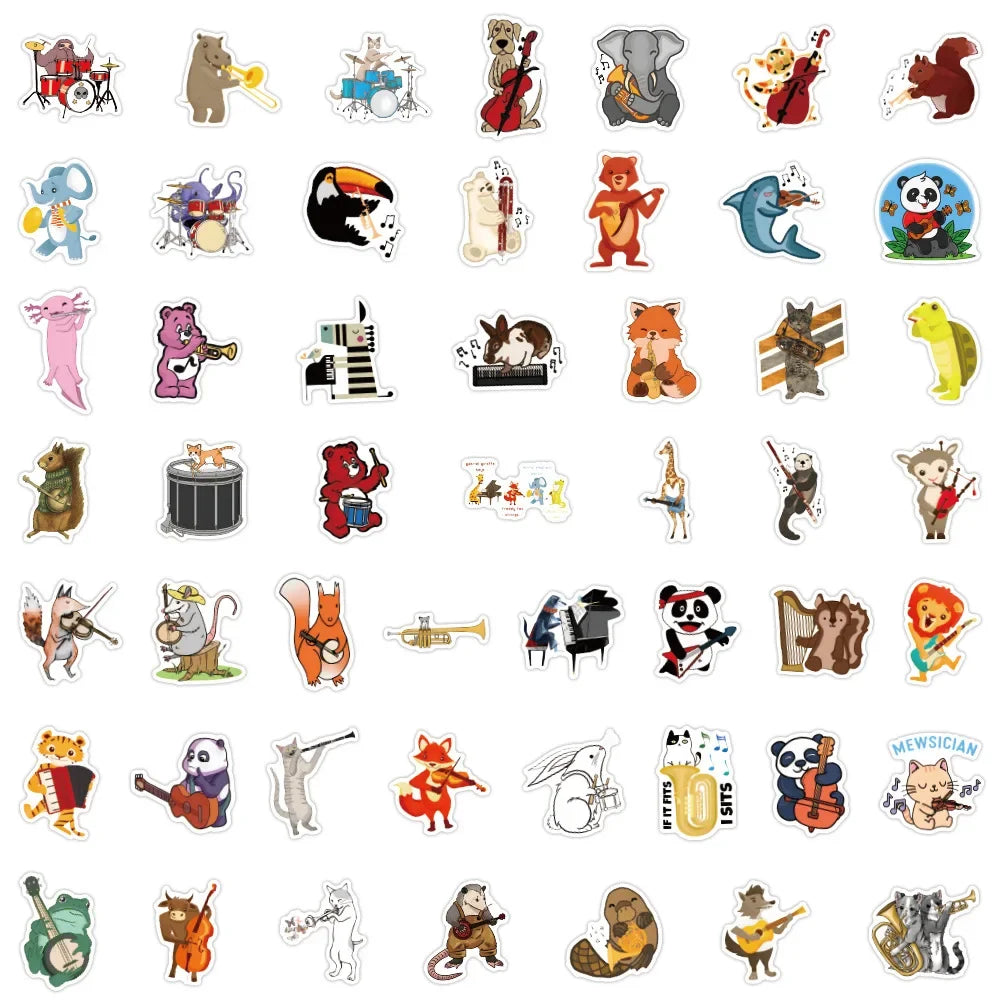 50/100pcs Cute Cartoon Animal Music Band Sticker for DIY Phone Skateboard Guitar Scrapbooking Supplies Stickers Pack Kids Toy (Online Order Only)