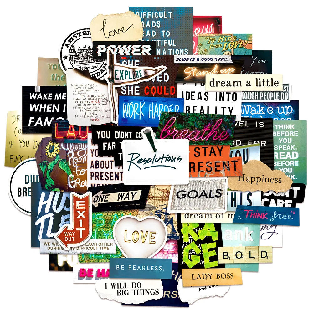 10/60pcs Inspirational English Words Stickers for Notebook Scrapbooking Craft Supplies Vintage Motivational Phrases Sticker Toy (ONLINE ORDER ONLY)