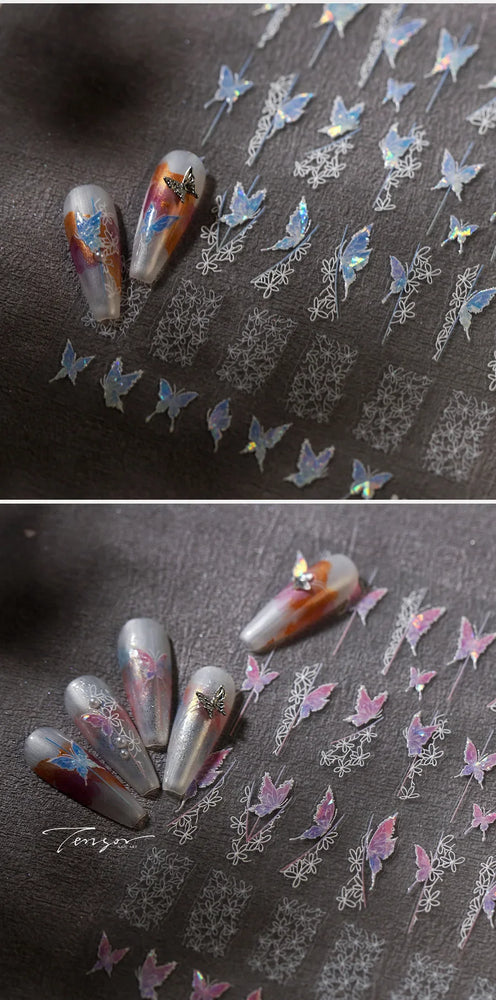 Butterfly Flower Hollow Out Lace Delicate Floral Print Shiny Cloth Block Insect Self Adhesive Nail Art Stickers Manicure Decals (Online Order Only)