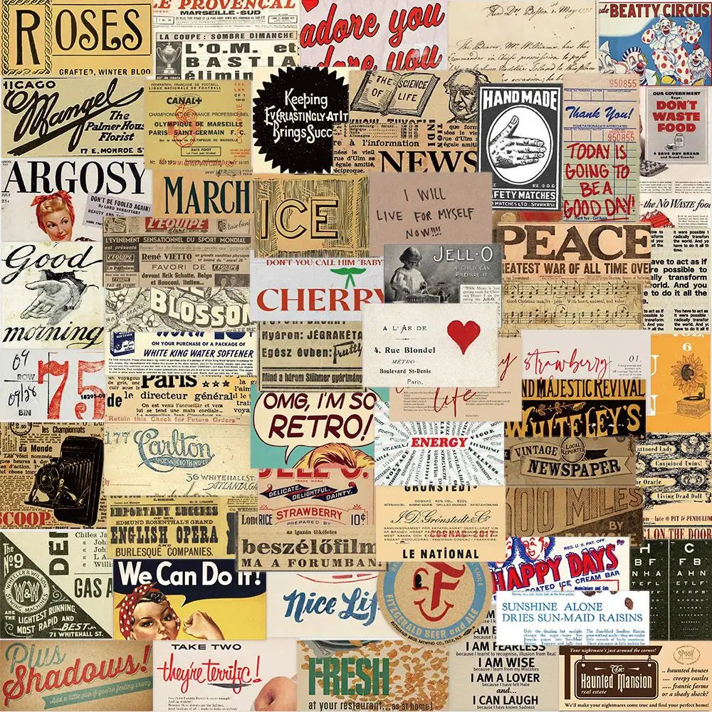 10/29/58pcs Retro English slogan Stickers Decals Cartoon Graffiti DIY  Notebook Luggage Wall Decoration PVC Sticker (Online Order Only)